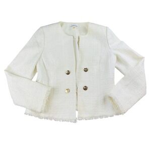 Calvin Klein Jacket Women 8 White Tweed Double Breasted Fringed Round Neck